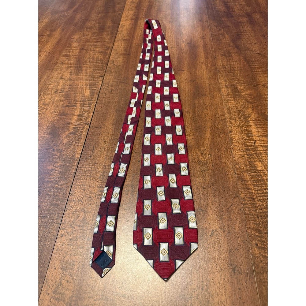 Robert Stewart Men's 100% Silk Tie Burgundy Red Geometric Sewn in USA Necktie